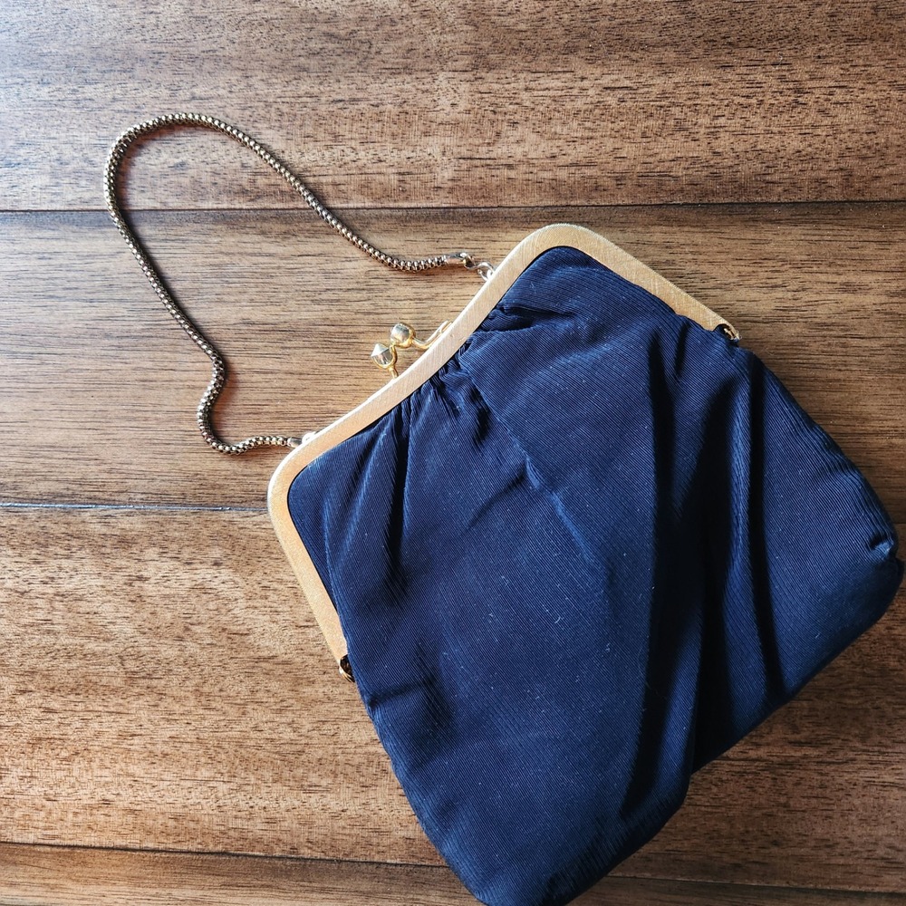 Darling Vintage Du-Val Navy Blue Corded Evening Clutch‎ Bag Kiss Lock Hong Kong